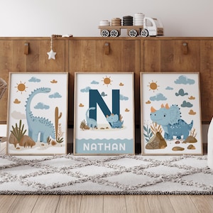 Dinosaurier Drucke, personalisierte Dinosaurier Wandkunst, blaue Jungen Kinderzimmer Dekor, Dinosaurier Wanddekoration, Dinosaurier Poster, Triceratops
