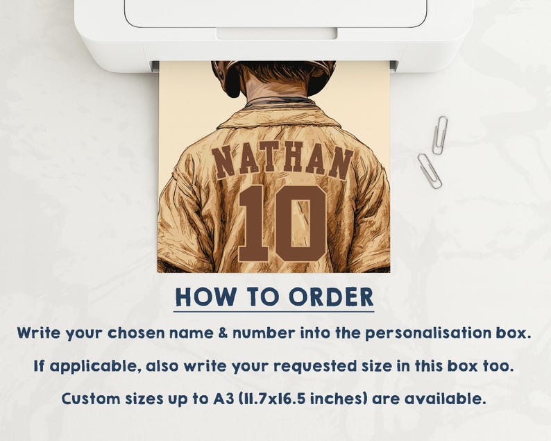May include: A printed graphic showing the back of a baseball player wearing a jersey with the name NATHAN and the number 10. Below the image, text reads HOW TO ORDER, followed by instructions for personalization and custom sizes up to 11.7x16.5 inches.