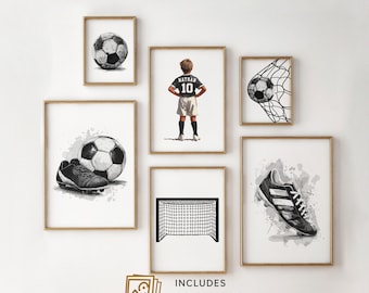Set di 6 stampe artistiche da parete a tema calcio, stampe personalizzate a tema calcio, regalo personalizzato a tema calcio per la cameretta dei ragazzi, maglia da calcio stampabile, stampe di calcio