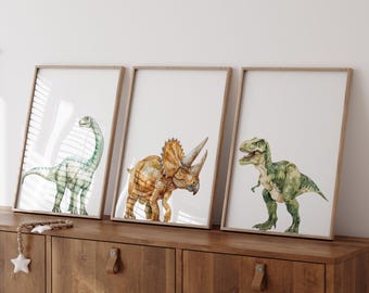 Watercolor Dinosaur Prints: Set of 3 Dinosaur Nursery Wall Art, Toddler Room Decor, Dinosaur Gifts for Boys Playroom (Digital Download)