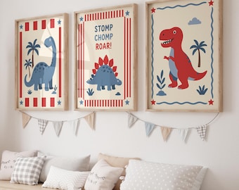 Retro Dinosaur Nursery Print Set: Kids Bedroom Decor, Blue & Red Playroom Wall Art
