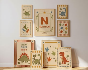 Personalized Dinosaur Nursery Wall Art Set, Scandi Kids Gallery Room Prints (Digital Download)