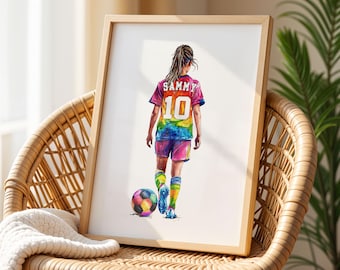 Personalised Football Wall Art Print, Girls Football Print, Football Gift for Girls Bedroom Decor, Football Shirt Name Print for Daughter