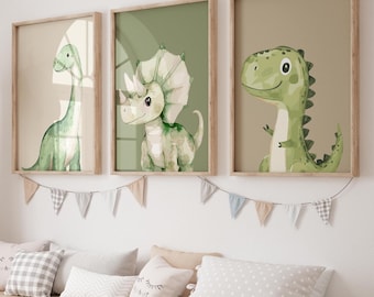 Dinosaur Nursery Prints: Set of 3 Boys Room Wall Art (Digital Download)