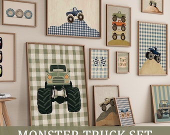 Láminas decorativas de monster trucks en acuarela para la habitación infantil: 12 láminas para la habitación de los niños - Paquete de imágenes vintage para la sala de juegos (descarga digital)
