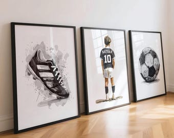 Personalised Football Shirt Print: Custom Name & Number Poster, Kids Bedroom Decor, Football Gifts for Boys, Set of 3 Sports Wall Art