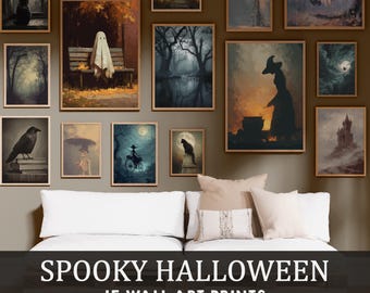 May include: A collection of 15 framed wall art prints with a spooky Halloween theme. The prints feature various scenes, including a ghost on a bench, a witch, a black cat, and a raven. The text "Spooky Halloween" and "15 Wall Art Prints" are displayed at the bottom.