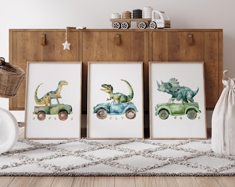 Dinosaur Wall Art Set of 3, Dino Car Nursery Prints, Kids Bedroom Decor, Boys Playroom Posters, Dinosaur Gift, Watercolour Animal Art