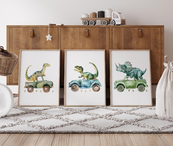 Dinosaur Prints, Set of 3 Dinosaur Posters, Car Nursery Wall Art, Dinosaur Nursery, Boys Playroom Prints, Dinosaur Bedroom Decor, Dino Gift