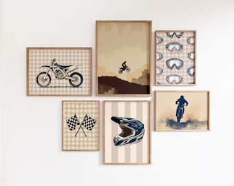 Juego de 6 láminas de motocross: pósteres vintage de motos de cross, regalos de carreras para la decoración de la habitación de niños, láminas deportivas para guardería (descarga digital).
