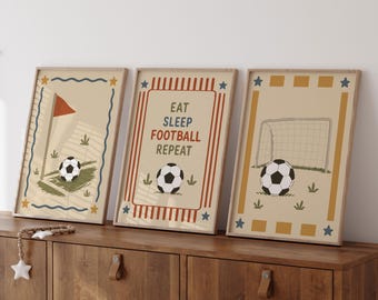 Scandi Football Wall Art Set, Kids Bedroom Decor, Retro Nursery Sports Prints