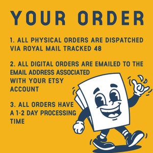 May include: A cartoon illustration of a piece of paper with a smiling face walking. The text reads "YOUR ORDER" and includes information about physical and digital orders.  All physical orders are dispatched via Royal Mail tracked 48. All digital orders are emailed to the email address associated with your Etsy account. All orders have a 1-2 day processing time.