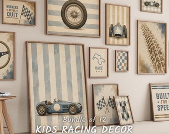 Vintage Racing Wall Art Set, 12 Motorsport Prints, Blue Beige Boys Bedroom Decor (Digital)