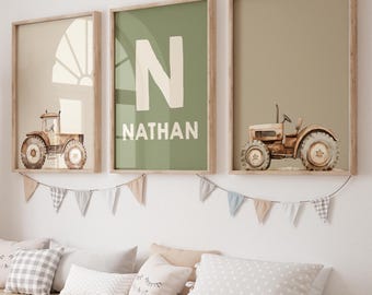 Personalised Tractor Prints, Set of 3 Boys Room Wall Art, Tractor Nursery Decor, Boys Bedroom Prints, Custom Name Nursery Art, Tractor Art