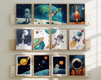 Stampe artistiche da parete per la cameretta dei bambini a tema spaziale: razzo, sistema solare - Kids Gallery Decor (download digitale)