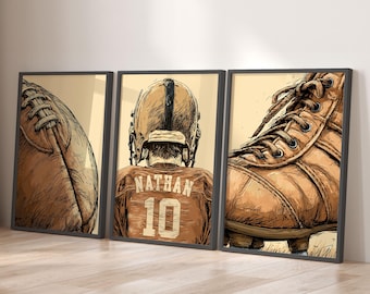 Personalized American Football Player Art Set for Boys Bedroom, Vintage Sports Nursery Decor (Digital)