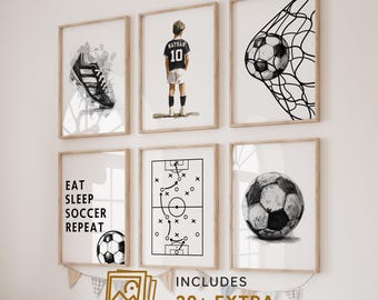 Personalized Soccer Prints: Set of 6 Football Posters - Custom Name & Number Sports Art - Boys Bedroom Decor (Digital Download)