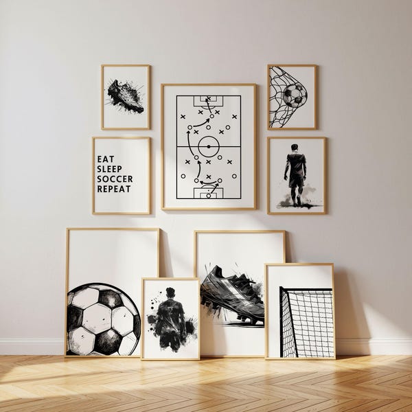 Stampe di calcio stampabili, set di 9 poster di calcio, regalo di calcio per ragazzi, decorazione per la camera da letto a tema calcio, regalo di calcio per ragazzo, maglia da calcio, stampa di calcio