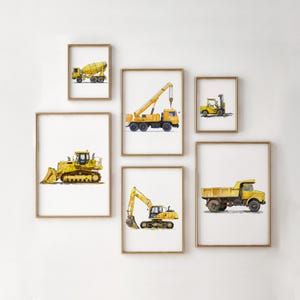 Set of 6 Vehicle Prints, Watercolour Construction Truck Prints, Transportation Nursery, Toddler Room Decor Playroom Truck Wall Art Printable
