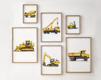 Láminas de acuarela de camiones de construcción: Decoración de transporte para habitación infantil (juego de 6) (Descarga digital)