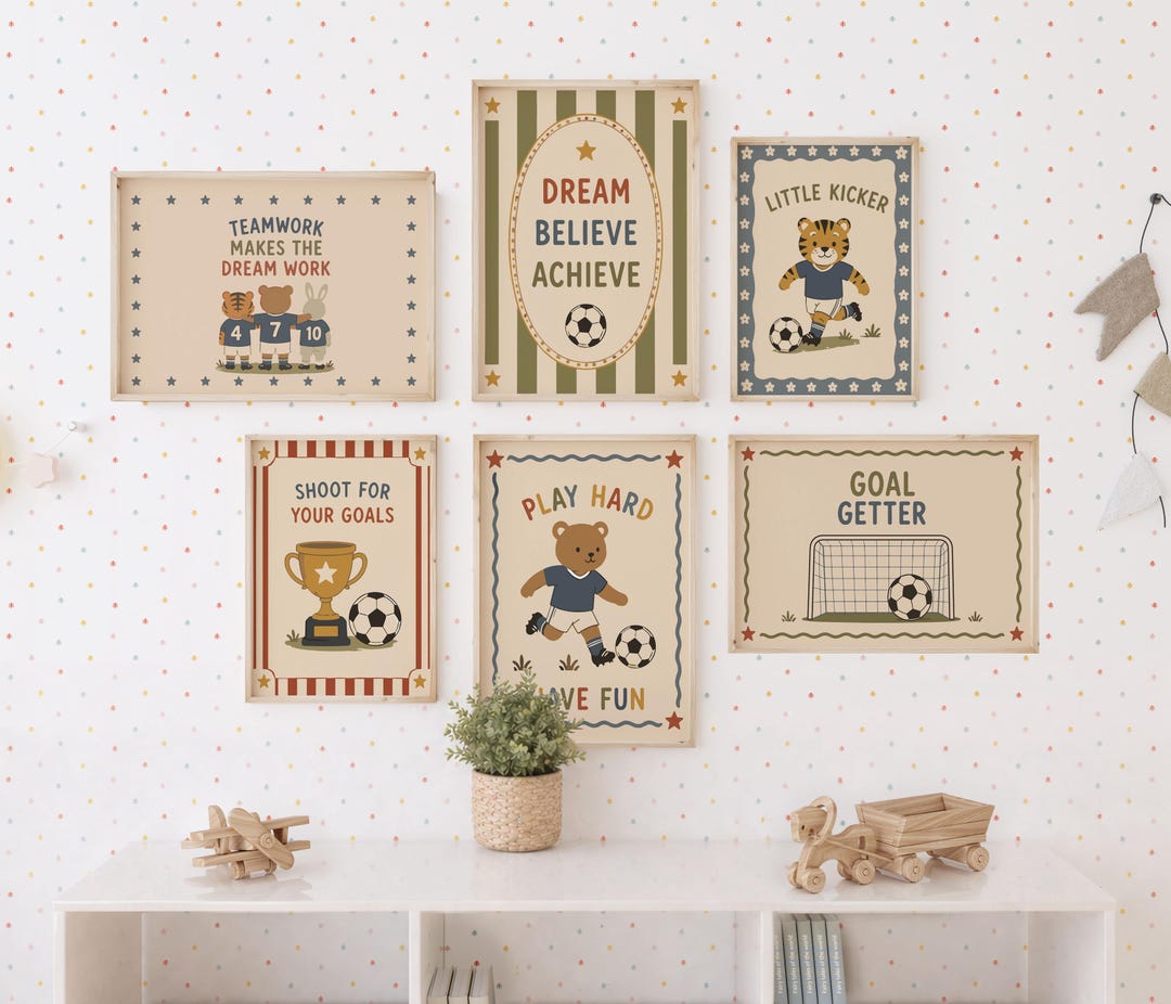 Soccer Wall Art Set of 6: Retro Kids Bedroom, Football Prints, Boys ...