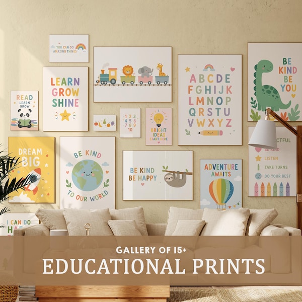 Stampe educative colorate, decorazioni murali per la cameretta dei bambini, decorazioni per il ritorno alla cameretta (download digitale)