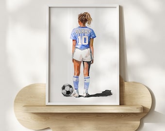 Personalisierte Mädchen Fußball Wandbild: Individuelles Trikot, Aquarell Wandkunst (Digitaler Download)