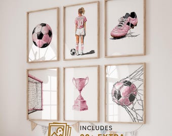 Mädchen Fußball Poster: Personalisierte Fußball Geschenk für Mädchen-Schlafzimmer Dekor - Set von 6 Sport Wandkunst - Individuelles Fußball Trikot (Digitaler Download)