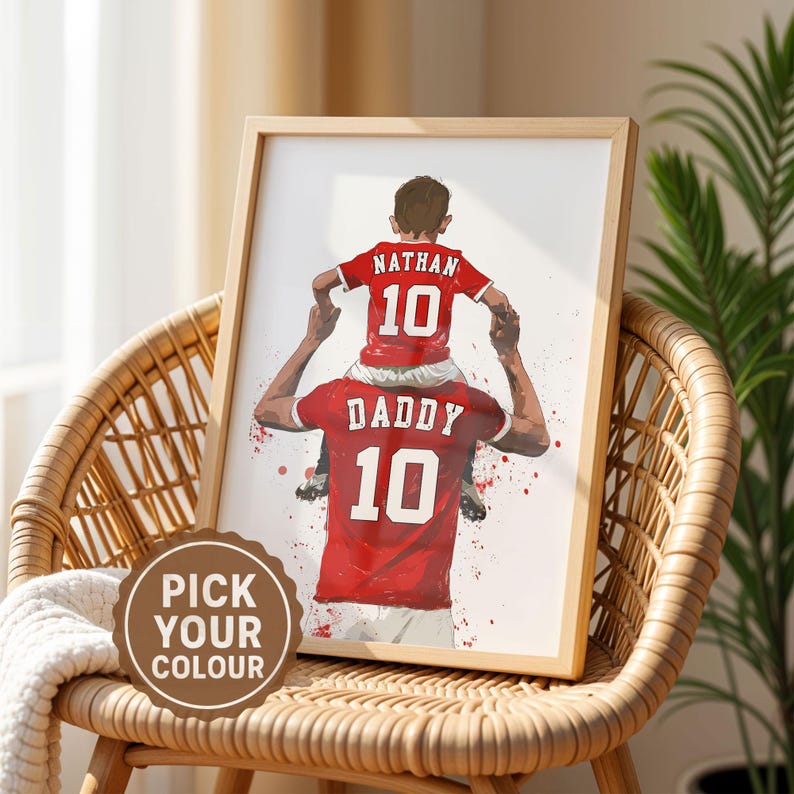 Regalos de fútbol personalizados para papá: Nombre, número y color de pelo personalizados - Regalo de padre e hijo para papá - Regalo del Día del Padre de parte de su hijo Rojo