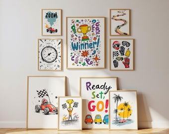 Race Car Nursery Wall Art Set of 9 Racing Prints for Boys Room, Race Car Themed Kids Gallery Wall Decor, Racing Posters, Digital Download