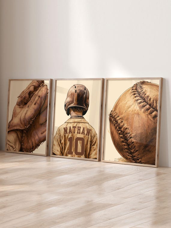Personalized Baseball Wall Art Set of 3, Custom Baseball Player Name & Number Prints, Vintage Baseball Nursery Decor, Boys Sports Bedroom