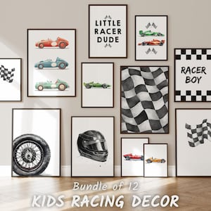 May include: A set of 12 framed watercolour prints with racing themes. Includes race cars in red, blue, and green, chequered flags, a racing helmet, and the text "Little Racer Dude" and "Racer Boy". The words "Bundle of 12 Kids Racing Decor" are at the bottom.