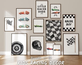 Bundle of 12 Racing Prints, Boys Room Wall Art, Custom Race Car Poster for Boy Bedroom, Racing Gift for Boys Race Car Room Art, Digital