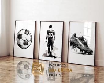 Personalized Soccer Wall Art Prints: Set of 3 Football Poster - Boys Bedroom Decor - Teen Room Art -Custom Name Jersey