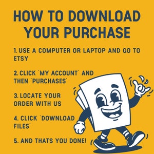 May include: A yellow graphic with instructions on how to download a purchase from Etsy. The text reads "HOW TO DOWNLOAD YOUR PURCHASE" followed by numbered steps. A cartoon character made of paper is smiling and pointing.