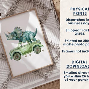 Dinosaur Wall Art Set of 3, Dino Car Nursery Prints, Kids Bedroom Decor, Boys Playroom Posters, Dinosaur Gift, Watercolour Animal Art imagem 5