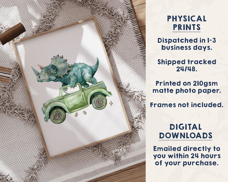 Dinosaur Wall Art Set of 3, Dino Car Nursery Prints, Kids Bedroom Decor, Boys Playroom Posters, Dinosaur Gift, Watercolour Animal Art imagem 5