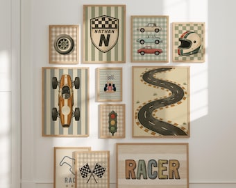 Personalized Racing Wall Art Set, Vintage Car Nursery Decor, Boys Bedroom Prints (Digital Download)
