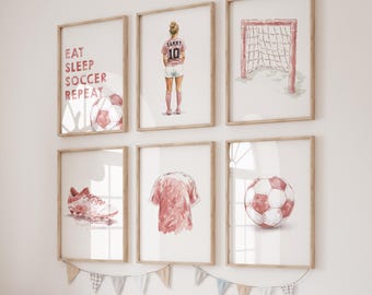 Láminas de fútbol para pared: Regalos de fútbol personalizados para decorar el dormitorio de niñas. Juego de 6 pósteres deportivos. Camiseta de fútbol personalizada.