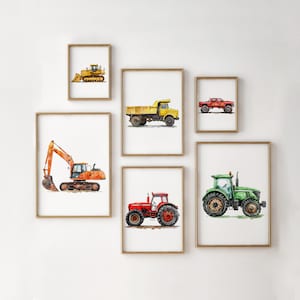 Set of 6 Construction Vehicle Prints Watercolor Construction Nursery Decor Boys Gallery Wall Set Truck Wall Art Toddler Room Decor Printable