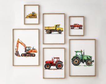 Juego de 6 impresiones de vehículos de construcción, acuarela, decoración de guardería para niños, galería de pared, arte de pared de camión, decoración de habitación infantil imprimible