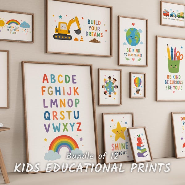 Pacchetto di stampe educative per bambini, alfabeto, decorazioni murali motivazionali per il ritorno a scuola (download digitale)