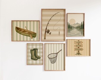 Fishing Gallery Wall Art Set of 6, Vintage Adventure Nursery Decor, Outdoorsy Gallery Prints
