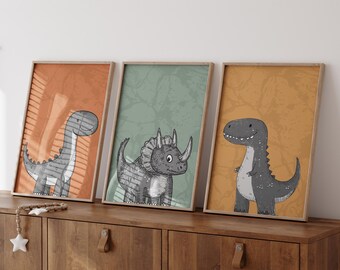Dinosaur Wall Art Prints: Set of 3, Kids Bedroom Decor (Digital Download)