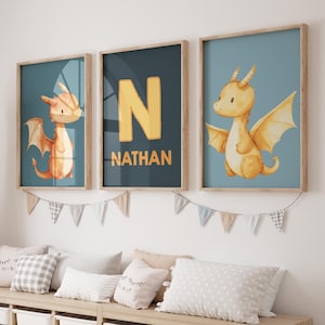Printable Dragon Nursery Posters for Boys, Personalized Nursery Decor, Dragon Nursery Wall Art, Custom Name Nursery Art, Boys Playroom Decor