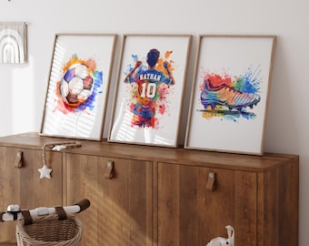 Láminas personalizadas de arte futbolístico en acuarela, decoración para habitaciones infantiles, pósteres de camisetas deportivas.
