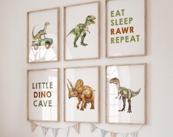 Dinosaur Nursery Prints: Set of 6 Dino Wall Art, Dinosaur Gifts for Kids Playroom Decor (Digital Download)