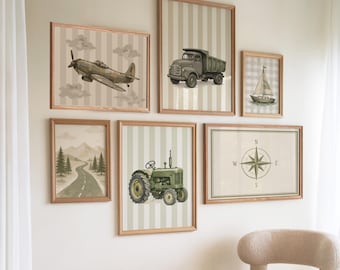 Vintage Transport Nursery Prints, Adventure Wall Art Set, Retro Vehicle Playroom Art
