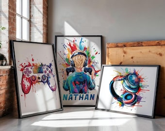 Personalised Gaming Wall Art Set, Custom Name & Style, Gamer Gifts for Boys Bedroom Decor