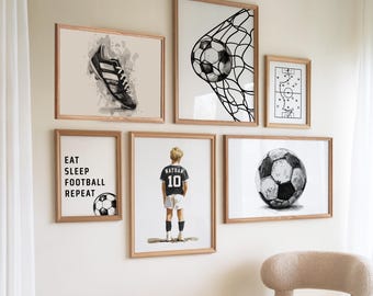 Personalised Football Wall Art Set, Custom Name & Number Prints, Boys Room Decor, Sports Gallery